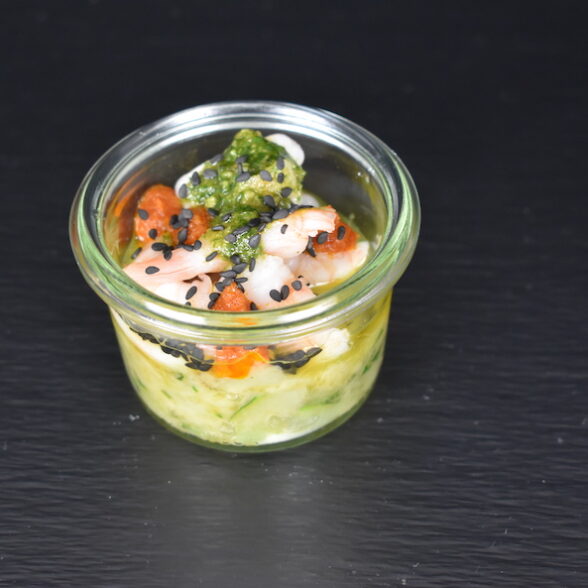 Verrine : Caviar de Légumes façon Thaï, Crevette Jumbo et Pesto de Coriandre